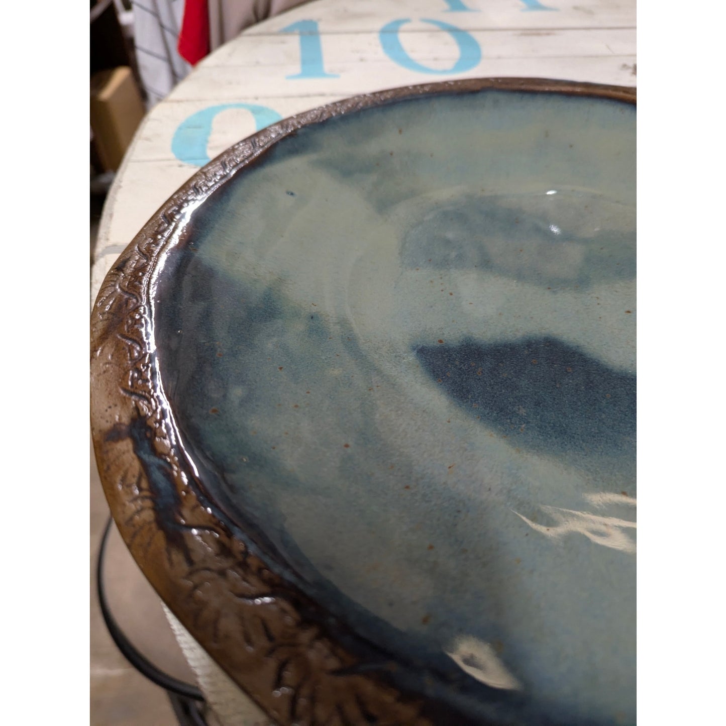 Handmade Studio Pottery Platter 15" Round Etched Rim Earthy Glaze Stoneware