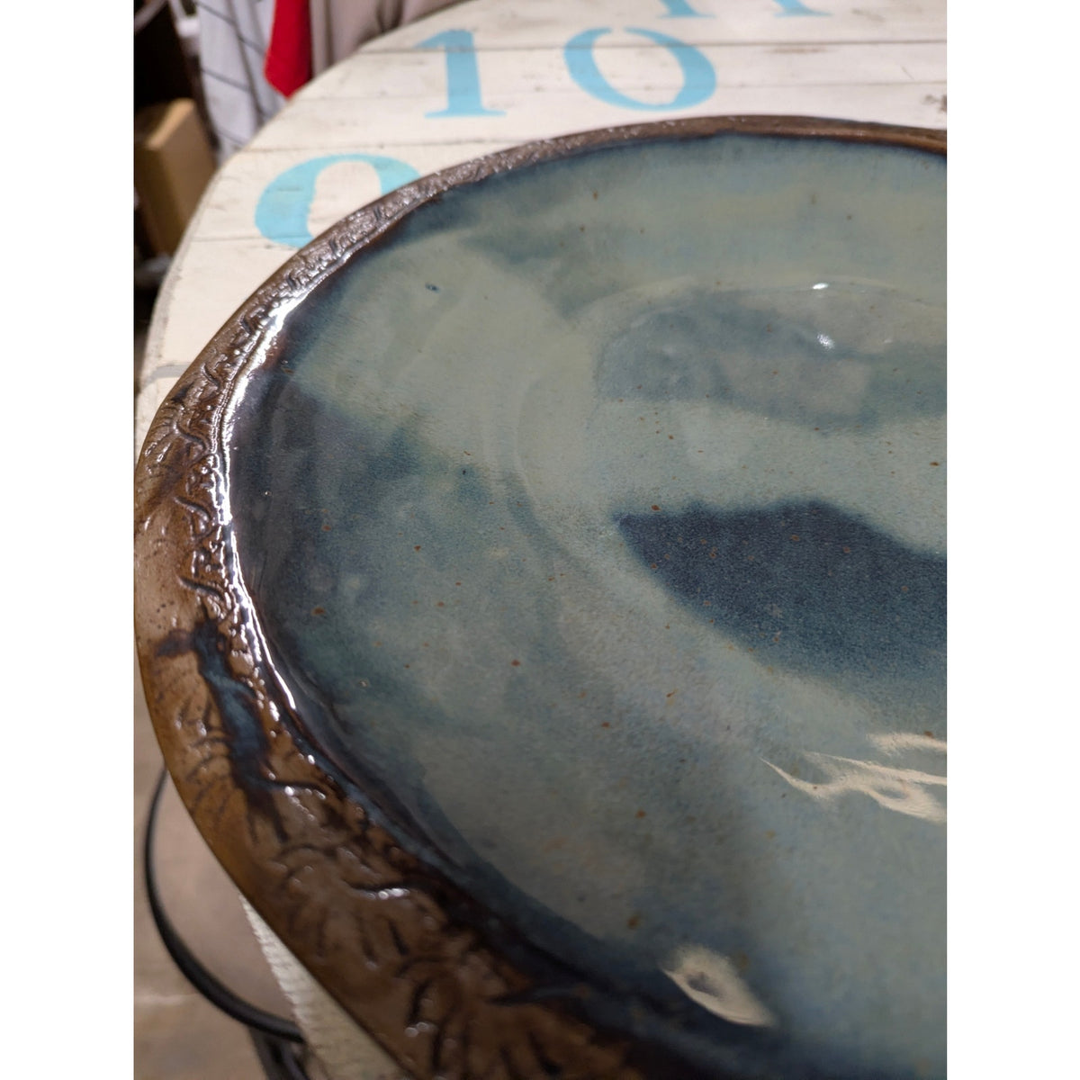 Handmade Studio Pottery Platter 15" Round Etched Rim Earthy Glaze Stoneware
