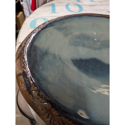 Handmade Studio Pottery Platter 15" Round Etched Rim Earthy Glaze Stoneware