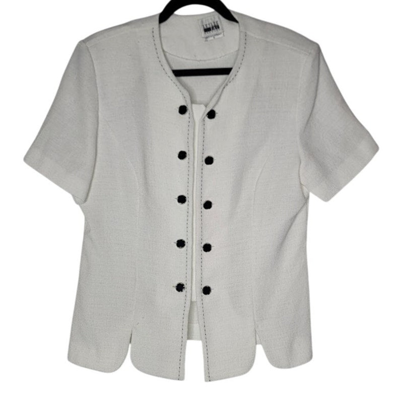Leslie Fay Vintage White Short Sleeve Button Up Scallop hem Top Shoulder Pads 16