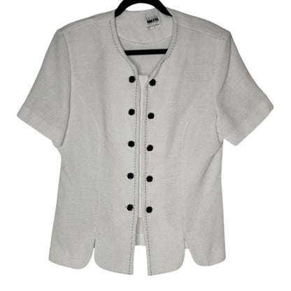 Leslie Fay Vintage White Short Sleeve Button Up Scallop hem Top Shoulder Pads 16