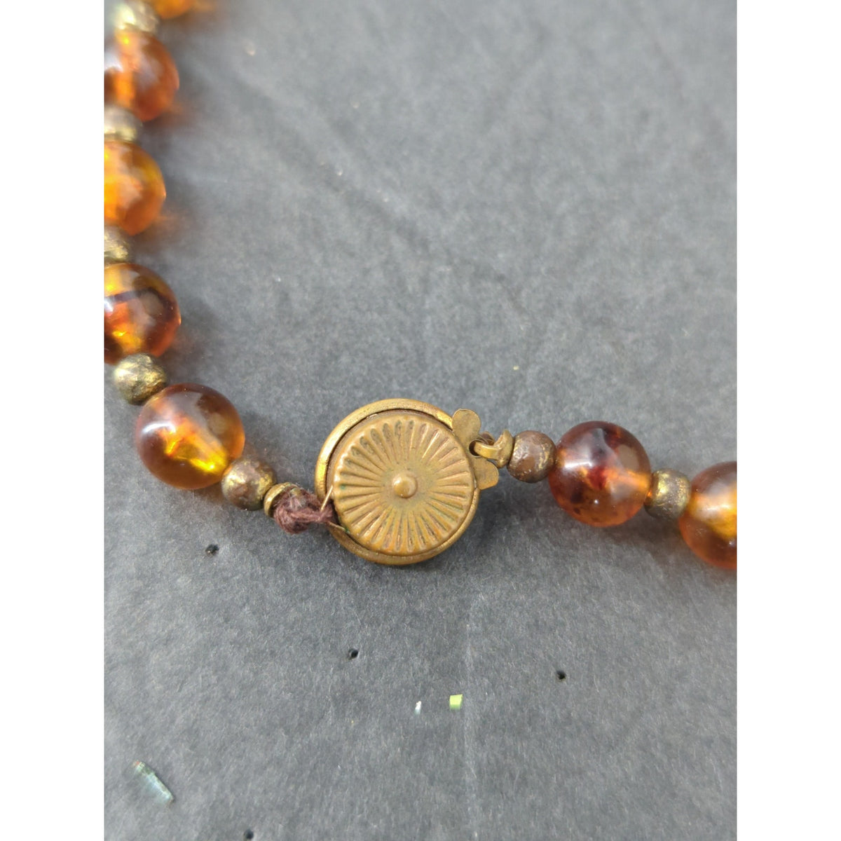 Vintage Amber Glass Bead Gold Tone Box Clasp Strand Necklace Mid-Century