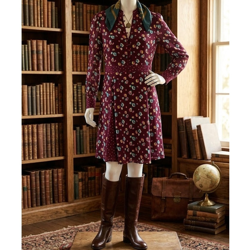 Boden Christina Dress Floral Print Size 6 R Long Sleeve Burgundy Knee Length