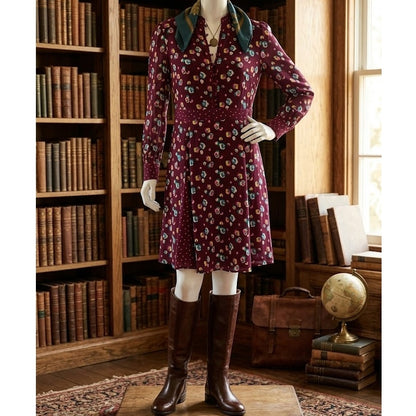 Boden Christina Dress Floral Print Size 6 R Long Sleeve Burgundy Knee Length
