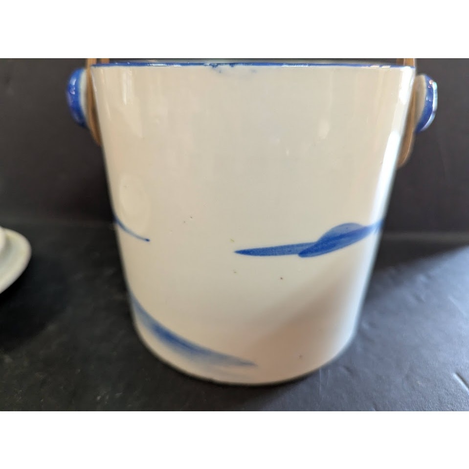 Vtg Hand Painted Biscuit / Cookie tea  Jar Wicker Handle Lid Japan Blue Canister