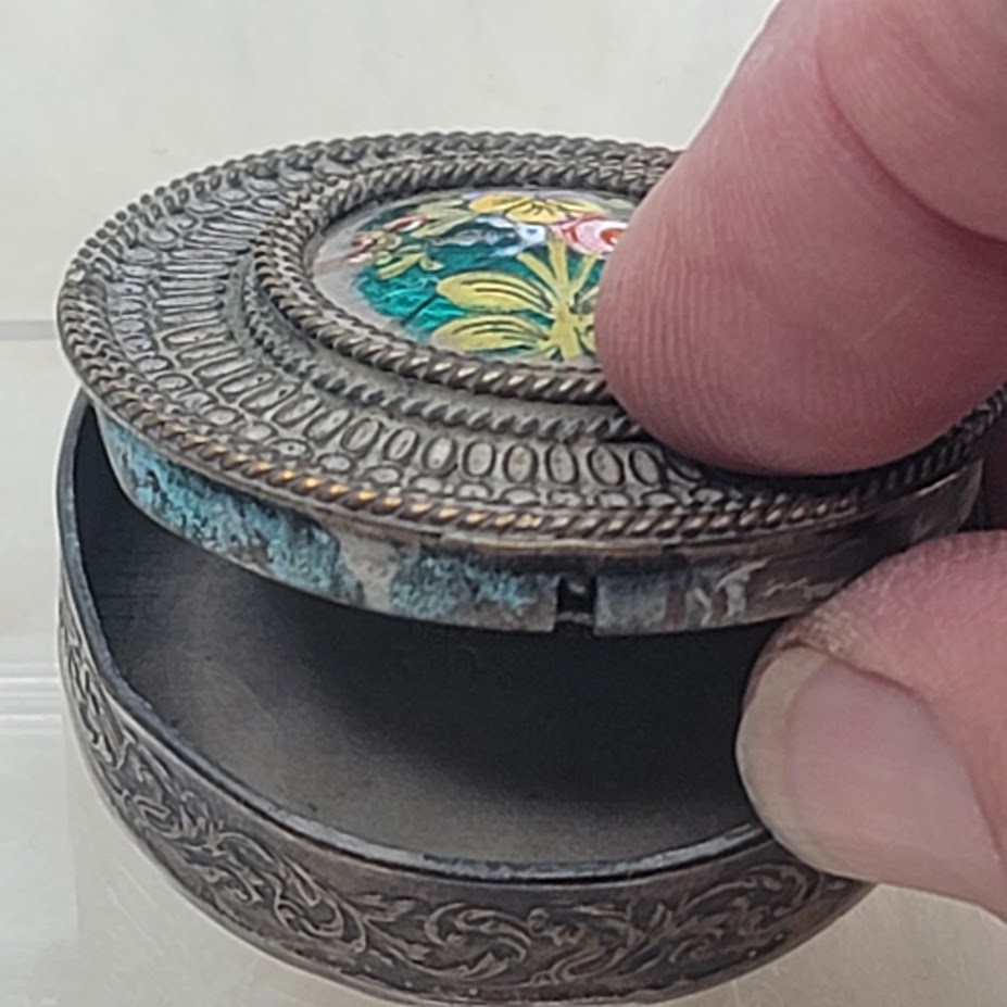 Antique French Filigree Metal & Guilloché Floral Enamel Box boudoir Pill snuff