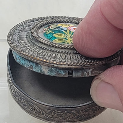 Antique French Filigree Metal & Guilloché Floral Enamel Box boudoir Pill snuff