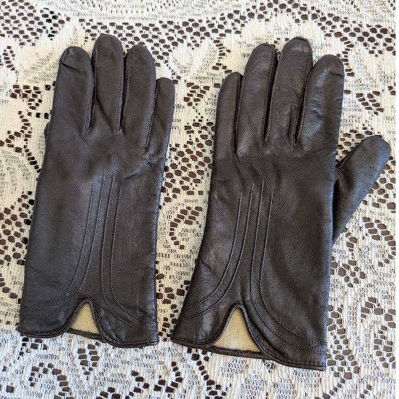 Vintage Aris Brown Leather Gloves WPL 9522 Size 6.5 Acrylic Lined Stitching