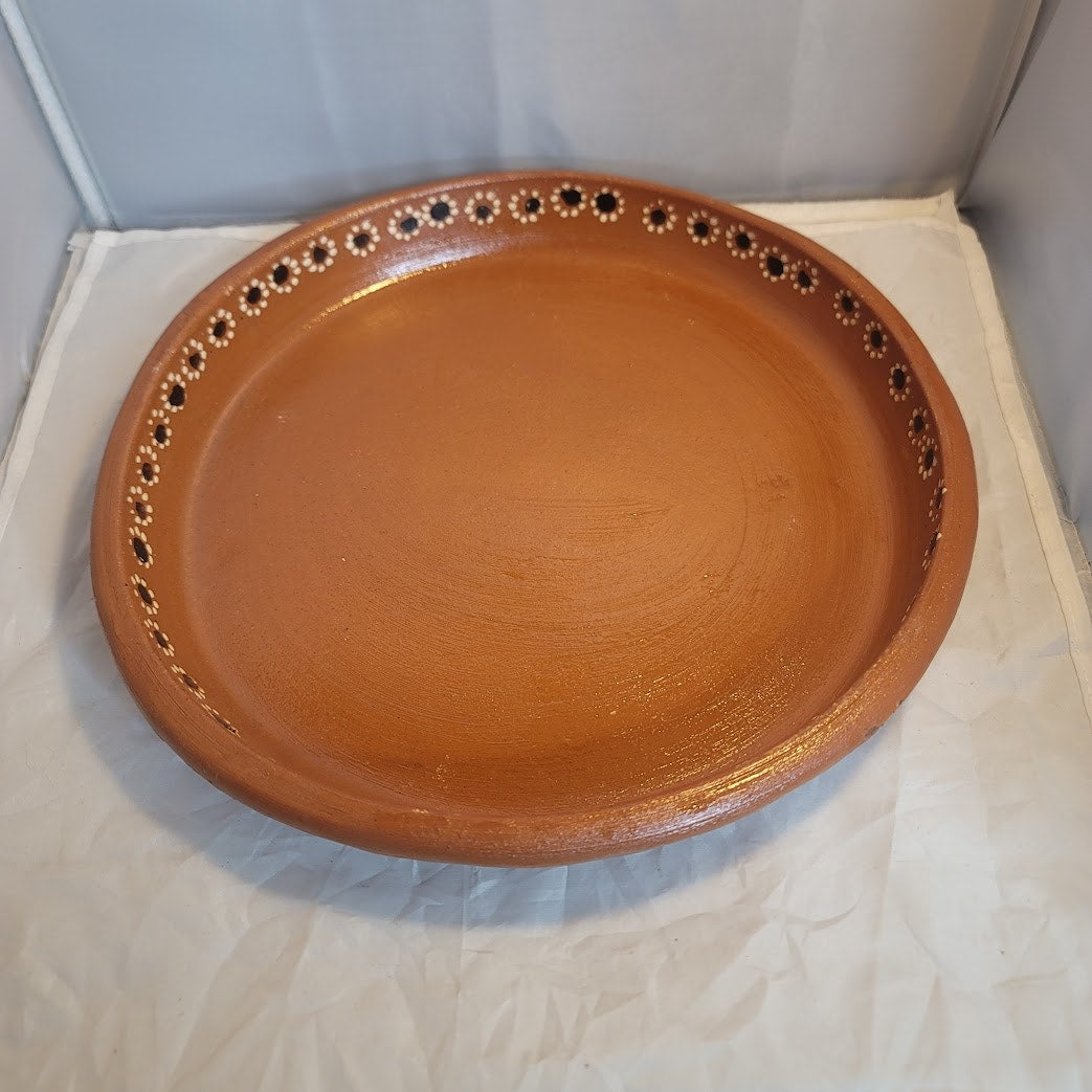 Handmade Hand painted Pottery Serving Platter brown floral divided Salsa 7 Pc.