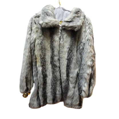 Roamans Faux Fur Coat Medium 14 16 Grey Striped Glam Winter Jacket Luxury