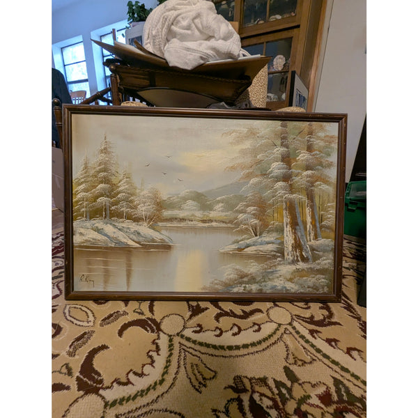 Vintage R. Kay Winter Landscape Oil Painting Snowy River Framed Decor