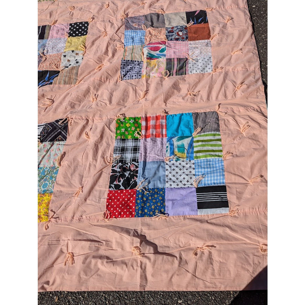Handmade Patchwork Quilt Peach Yarn tassel 96" x 103"  Cabin Vintage KING/QUEEN
