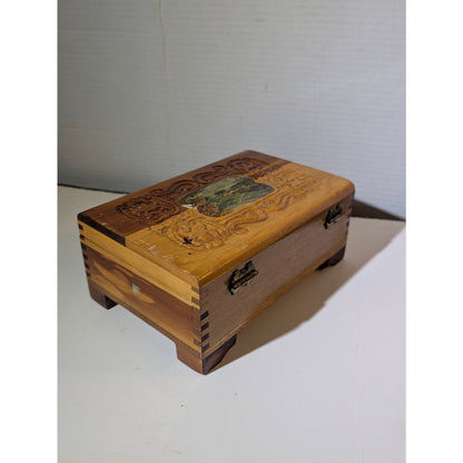 Vintage Carved Cedar Keepsake Box Footed Jewelry Stash Chest Rustic Lodge