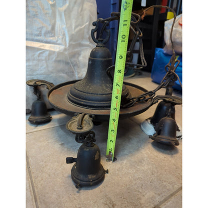Vintage Art Deco Brass Pan Chandelier 4 Light Down Fixture Dark Patina Project