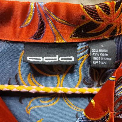 ODO Heavily embroidered silken feel mens shirt red floral Large short sleeve