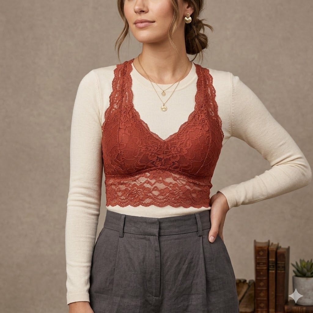 Lace Bralette Rust Sheer Racerback Crop Top Style 3607BR Small
