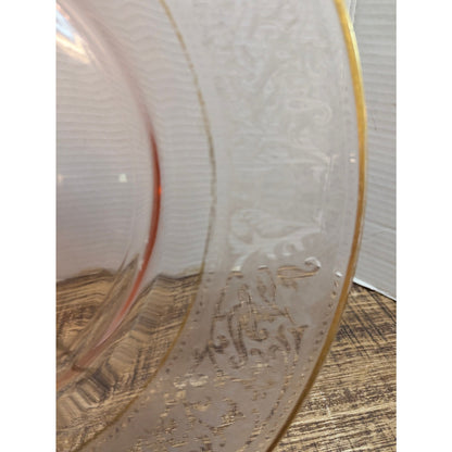 Vtg. Pink Depression Glass Platter 14" Etched Floral Gold Trim Hollywood Regency