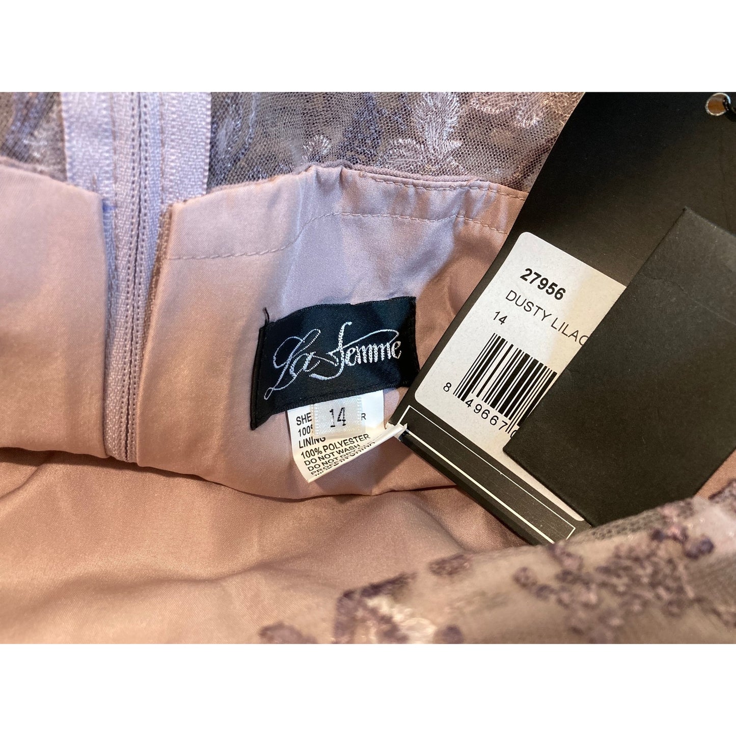 La Femme Floral Lace Overlay Column Gown Formal Dress Size 14 in Dusty Lilac NWT