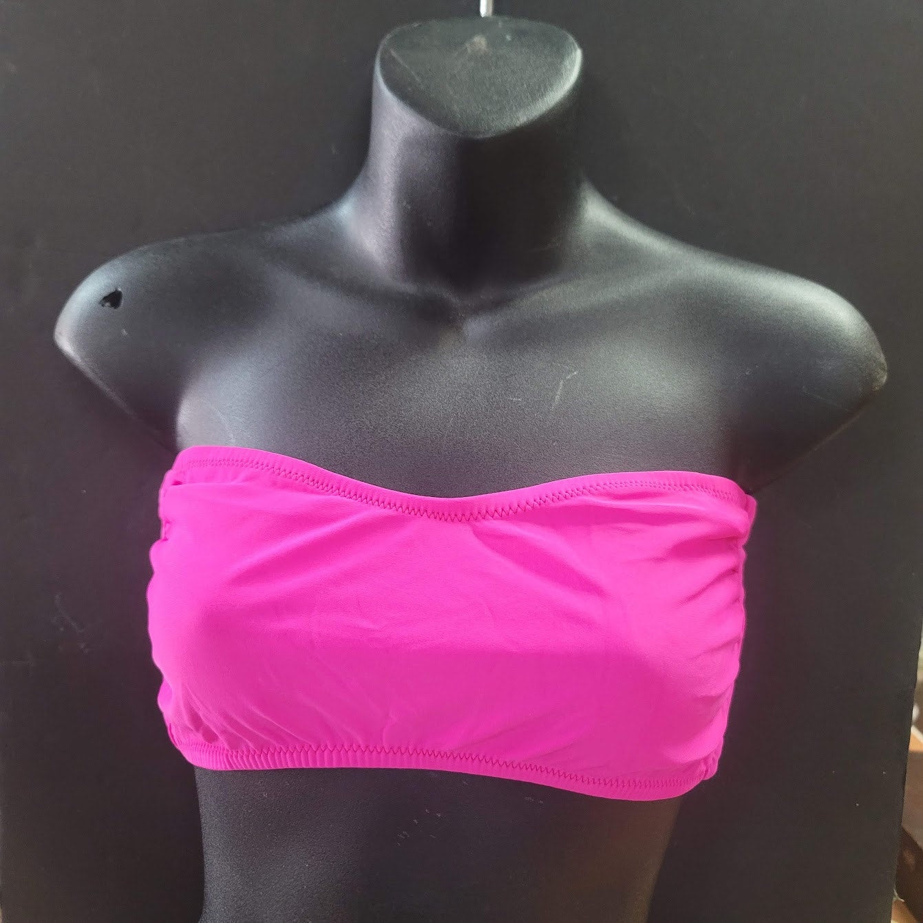 Blue Sky NEW solid PINK LYCRA Bandeau Side Bone Swim Top Lined TieBack SMALL
