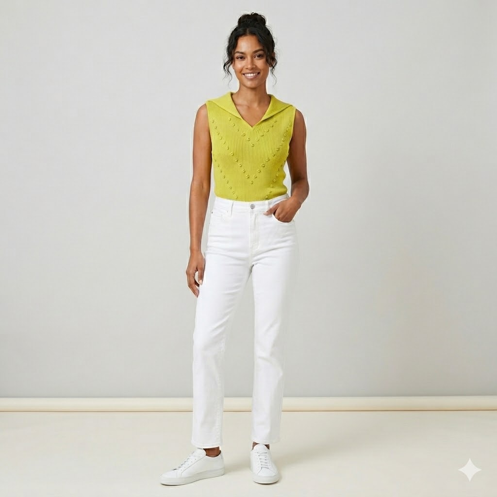 Preston York Chartreuse Ribbed Knit Sleeveless Top Collared V Neck Y2K Preppy