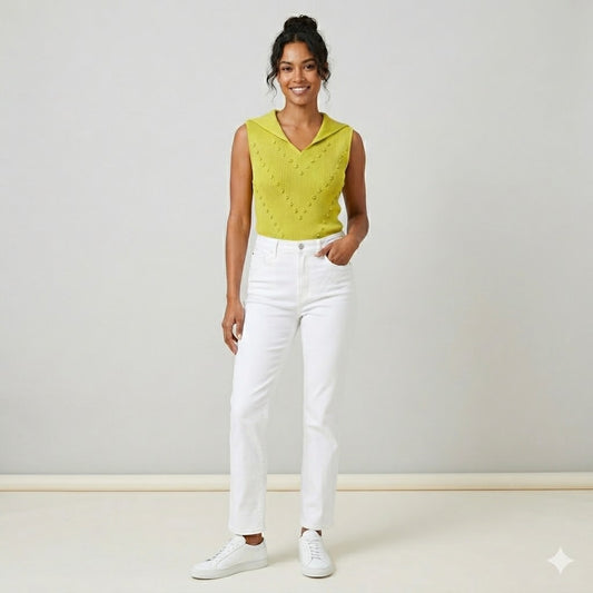 Preston York Chartreuse Ribbed Knit Sleeveless Top Collared V Neck Y2K Preppy