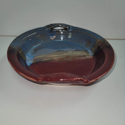 Handmade pottery tray Signed DLA double handled bowl  Earthenware 2 tone