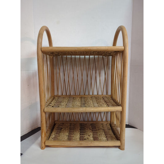 Vintage Wicker Rattan Wall Cabinet Shelf Hanging Bathroom Boho MCM Folding Towel