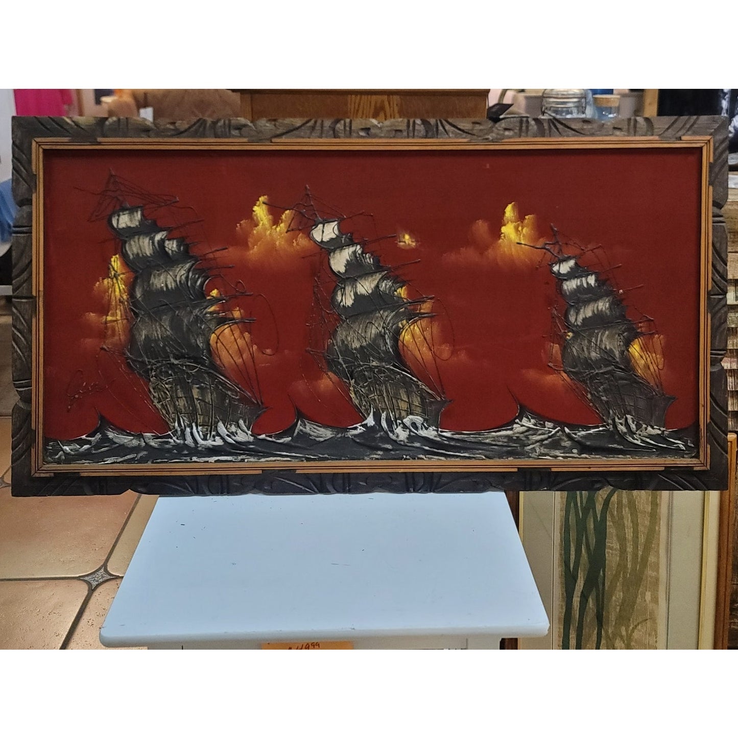 Large Vintage MCM Spanish Galleon Ships Red Velvet Painting Wood Framed 48x24