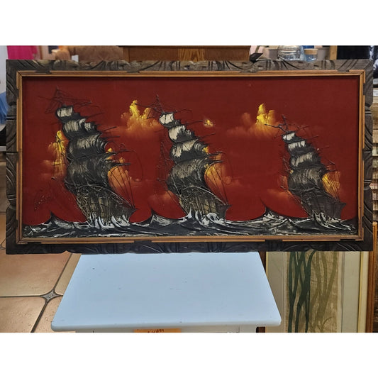 Large Vintage MCM Spanish Galleon Ships Red Velvet Painting Wood Framed 48x24