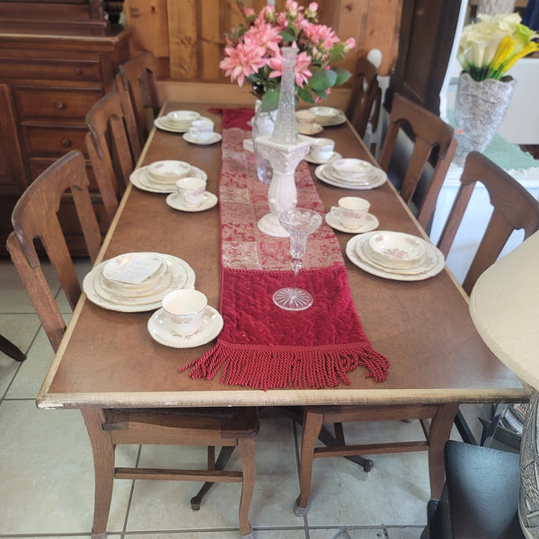 Secondhand Sandies:  7' x 3' farmhouse table and 6 chairs double pedestal could add 2 more seats