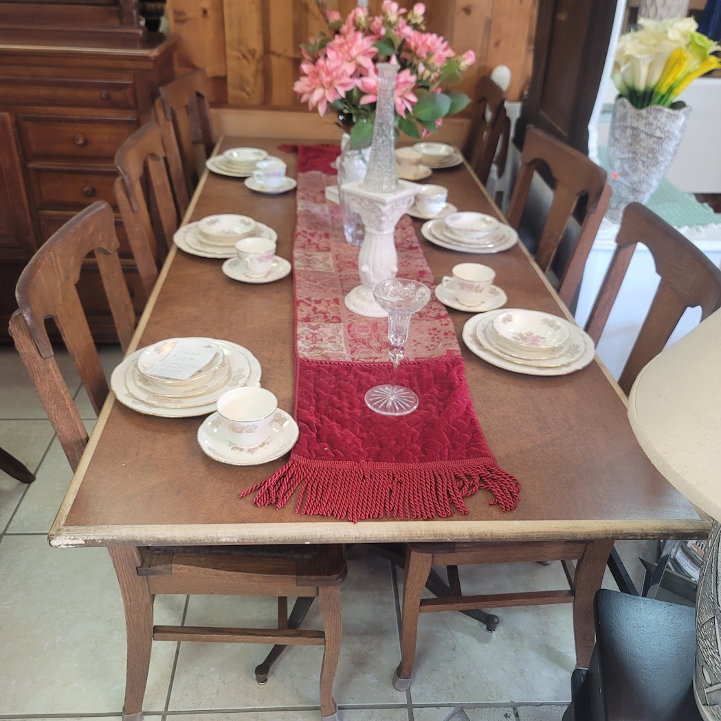 Secondhand Sandies:  7' x 3' farmhouse table and 6 chairs double pedestal could add 2 more seats