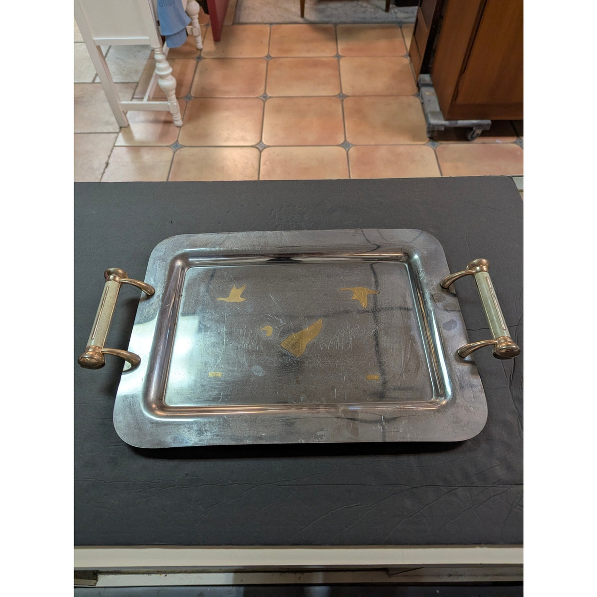 Vintage double handle platter Ducks on a pond serving tray stainless steel