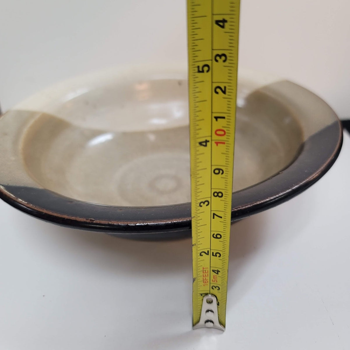 Handmade 1980s art pottery earthtone Signed Rusty 80 bowl 8.5" Brown Cream Tan