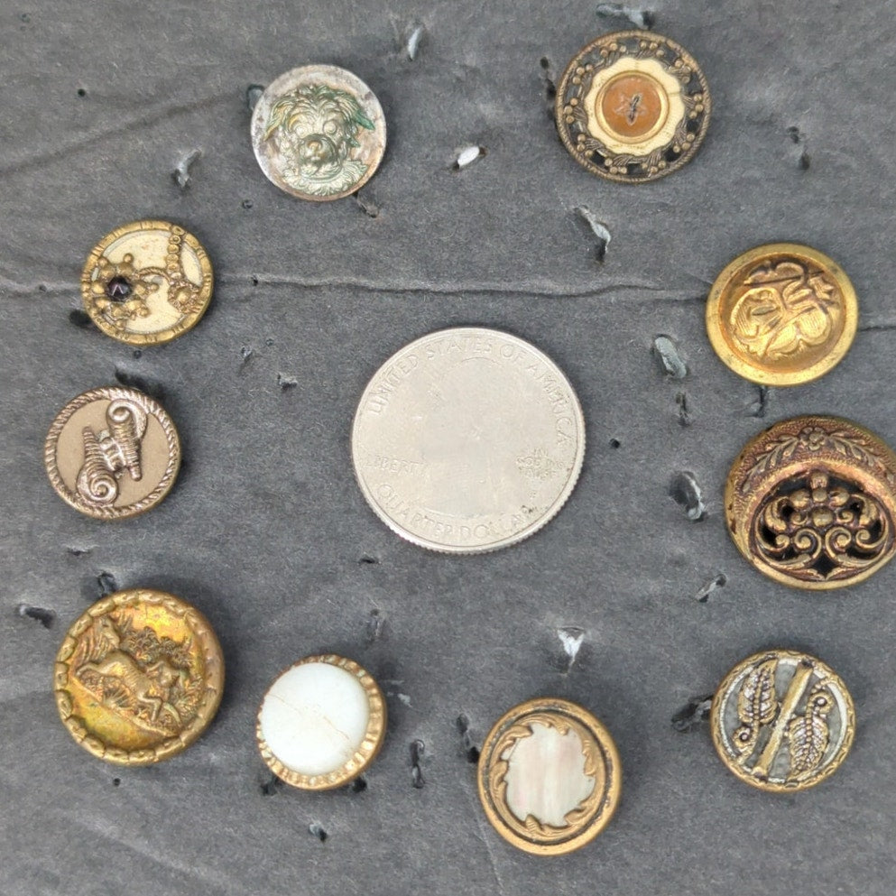 LOT L of 10 Antique Vintage Victorian Brass Mixed Materials Buttons ESTATE FIND