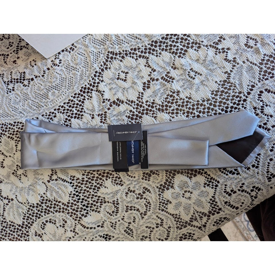 John Ashford Tie Steel Grey Silver Satin Finish Polyester NWT Formal Wedding