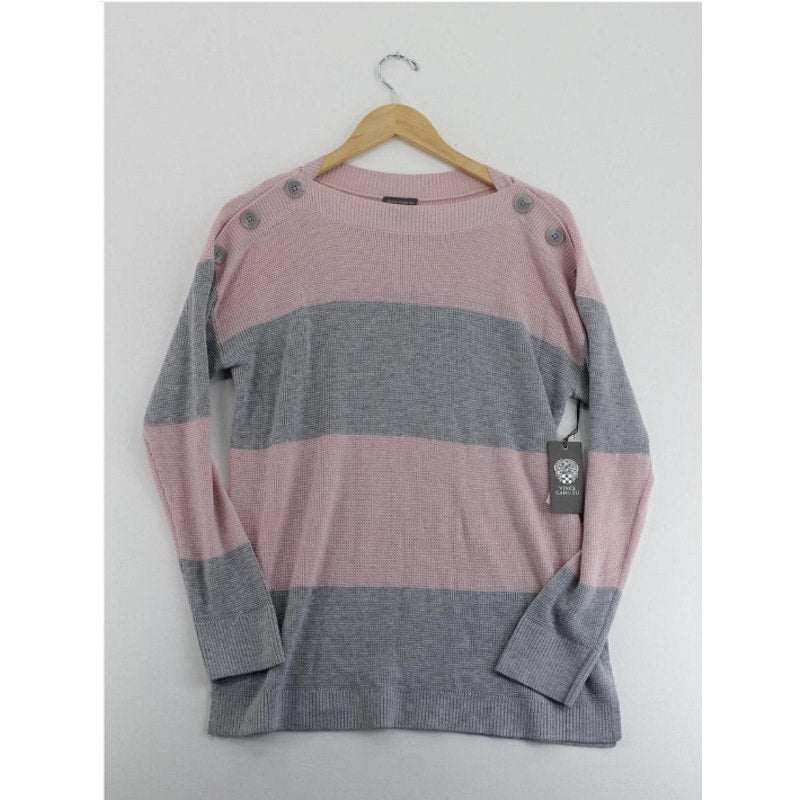 NWT Vince Camuto gray pink stripe ribbed sweater EXTRA-small buttons shoulder XS