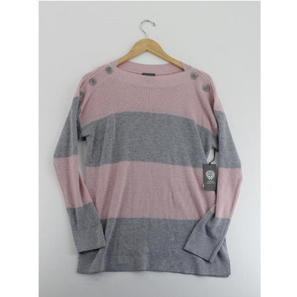NWT Vince Camuto gray pink stripe ribbed sweater EXTRA-small buttons shoulder XS