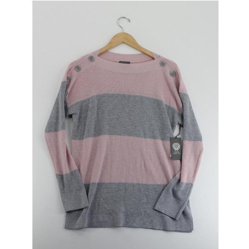 NWT Vince Camuto gray pink stripe ribbed sweater EXTRA-small buttons shoulder XS