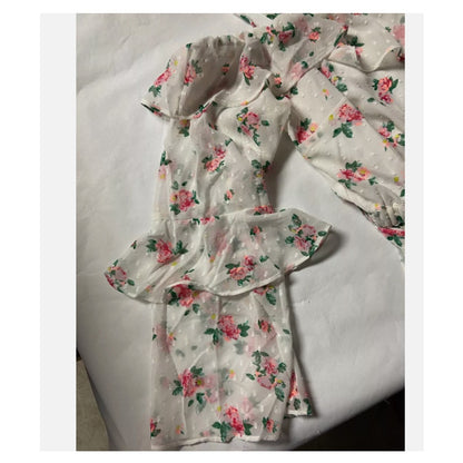 Topshop White Pink Floral Rose Bardot Off Shoulder Shorts Romper SZ. 4 SMALL NEW