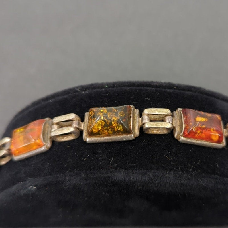Vintage Amber Glass Emerald Cut Link Bracelet MCM Goldtone dark academia autumn