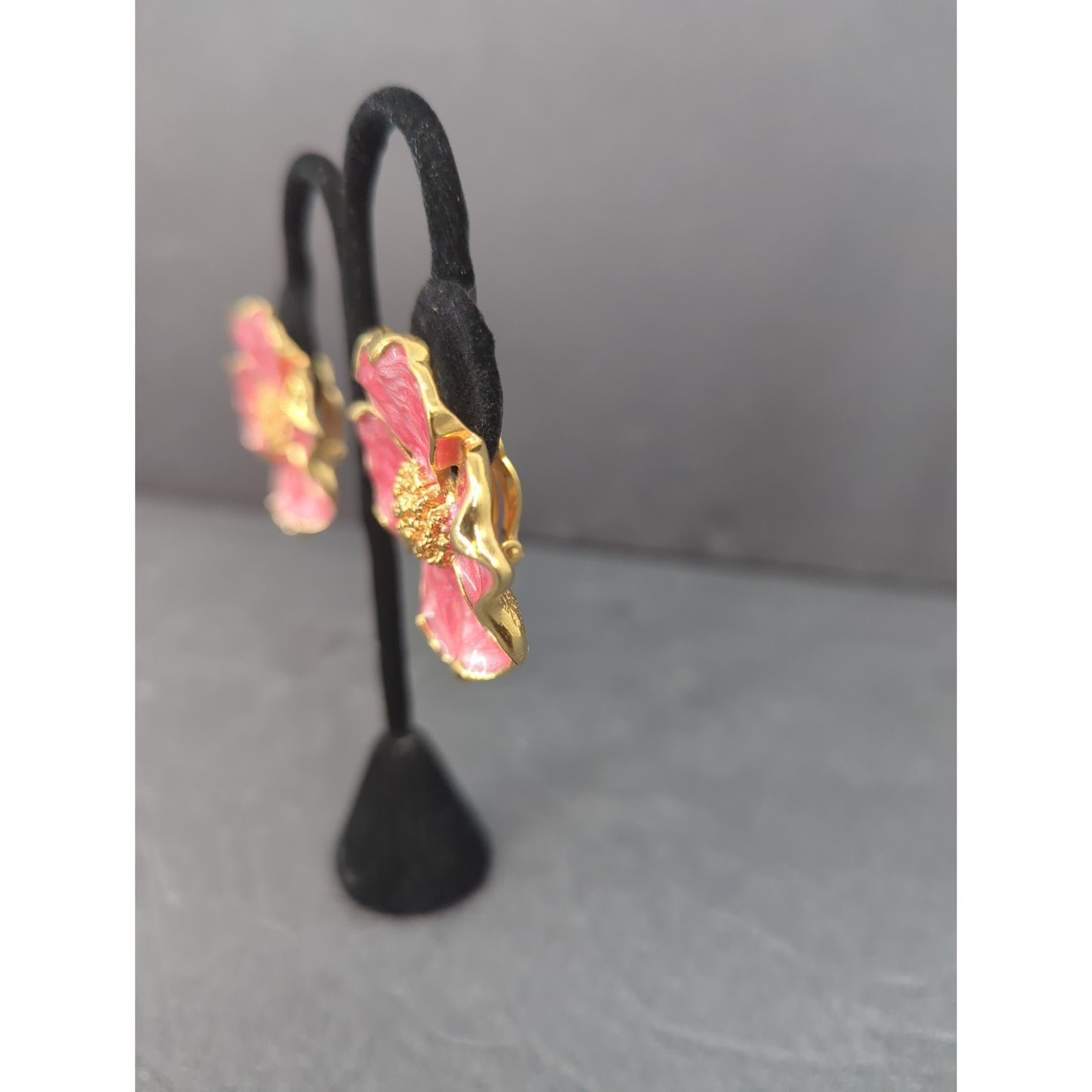 Vintage Pink Enamel Dogwood Flower Pierced Stud Earrings Retro Floral Jewelry