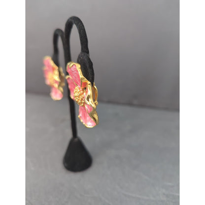 Vintage Pink Enamel Dogwood Flower Pierced Stud Earrings Retro Floral Jewelry