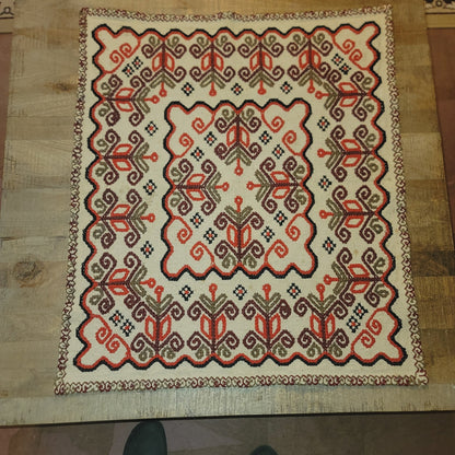 Embroidered Handmade Wool Turkish Tapestry vintage rug 31" x 27" Brown Orange