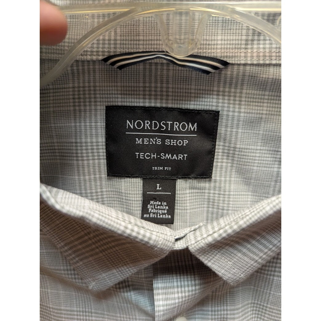 Nordstrom Men's Tech-Smart Large Trim Fit Button Down Gray White Plaid Shirt NEW