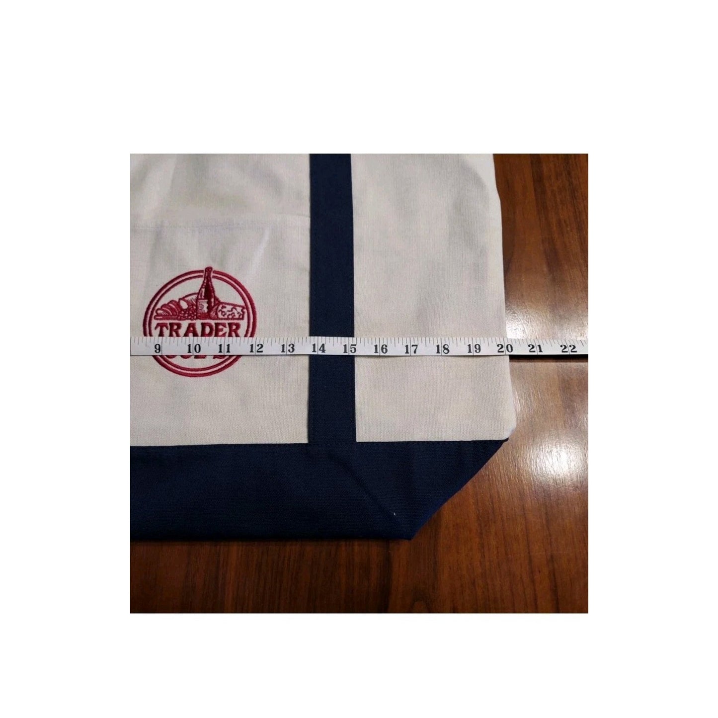 TRADER JOE'S TOTE BAG NAVY BLUE CANVAS STRAPS NEW 20" Iconic REUSABLE EMBROIDERY