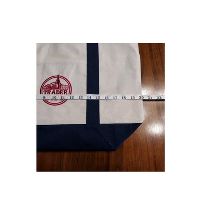 TRADER JOE'S TOTE BAG NAVY BLUE CANVAS STRAPS NEW 20" Iconic REUSABLE EMBROIDERY