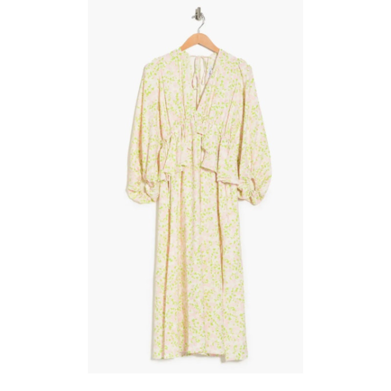 TOPSHOP NEW long sleeve pink green floral summer Ruffle Floral Print Midi Dress