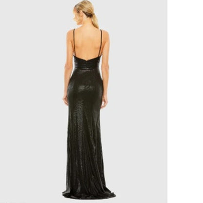 Leena for Mac Duggal Metallic Gray Plunging Halter A-Line Maxi Gown Dress 14 NWT