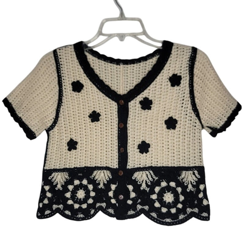 Crochet Knit Vest Floral Sleeveless Cardigan Retro V-Neck Button Down Crop Top