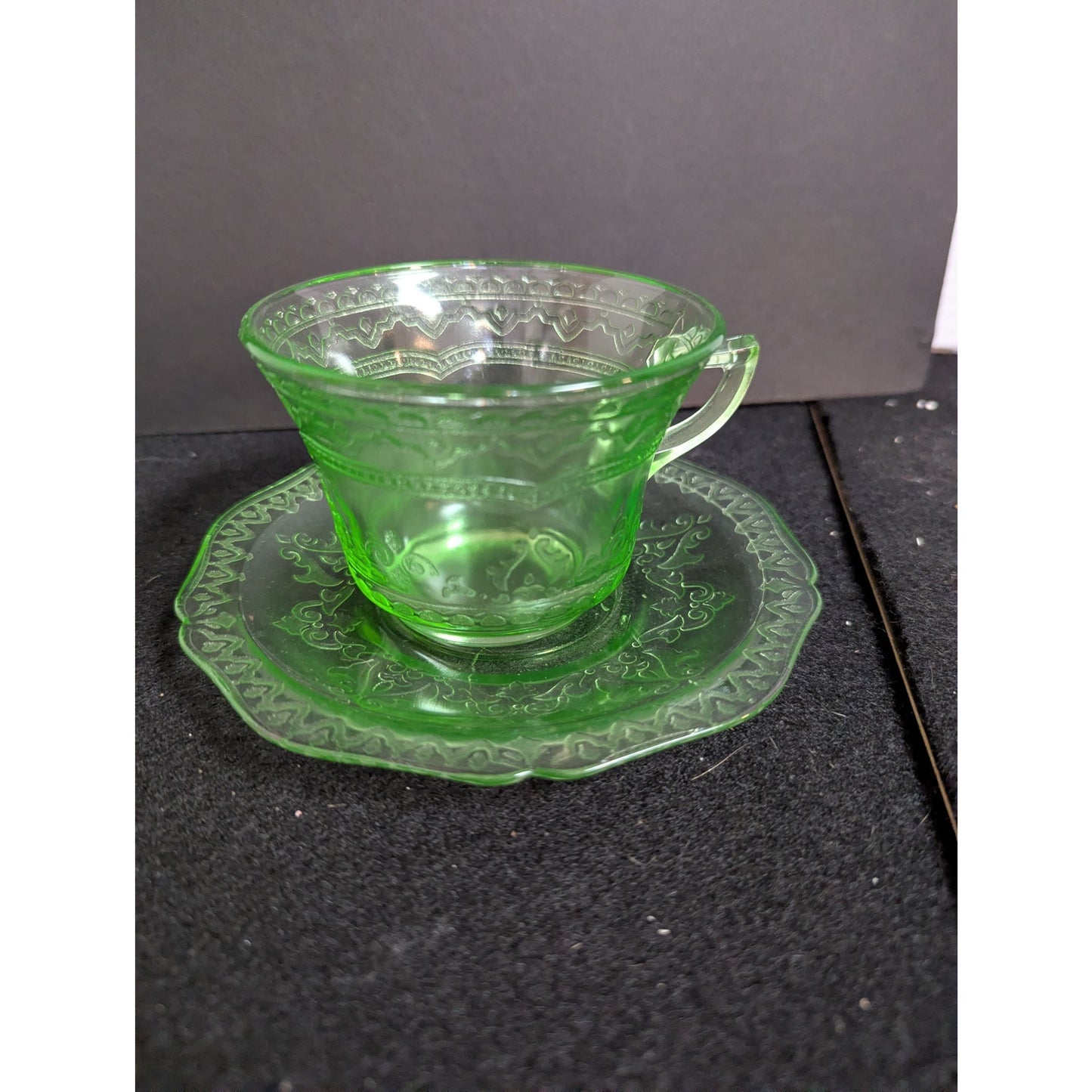 Green Depression Glass Tea Cup and Saucer Set Vintage Federal Princess Pattern